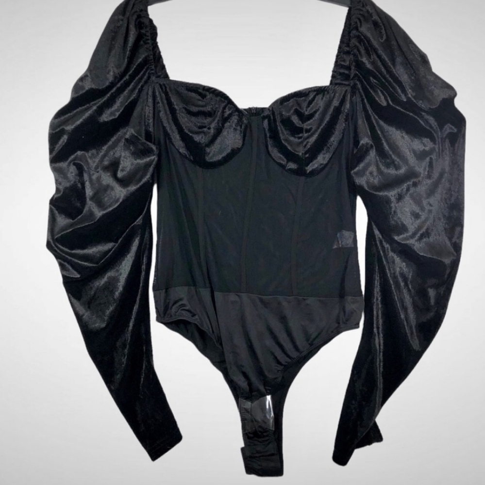 Pretty Little Thing Black Long Sleeve Bodysuit Sheer Torso Women's Sz 14